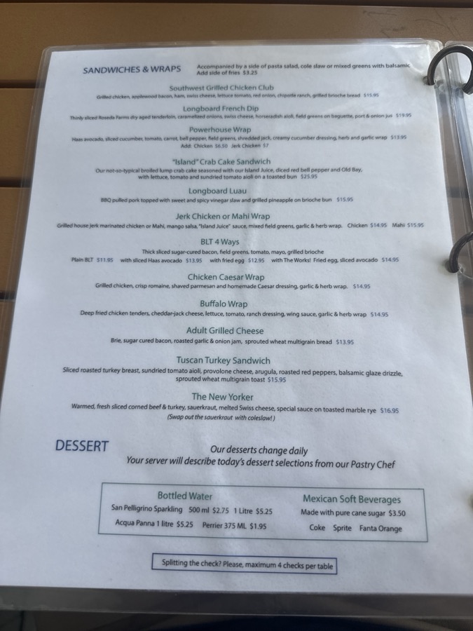 Longboard Café menu, page 3 of 6, photographed 2026-09-19