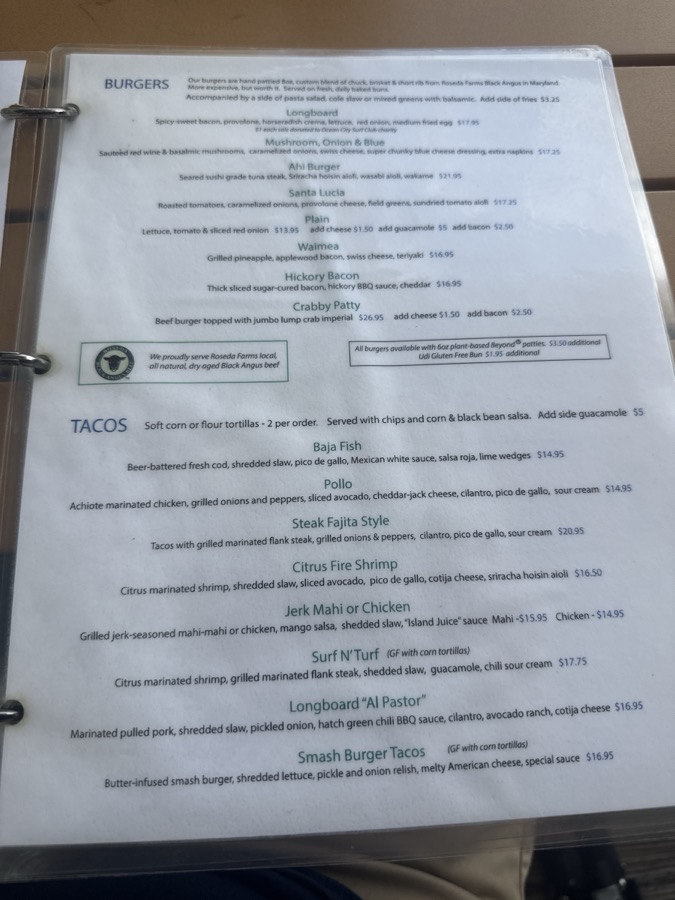 Longboard Café menu, page 2 of 6, photographed 2026-09-19