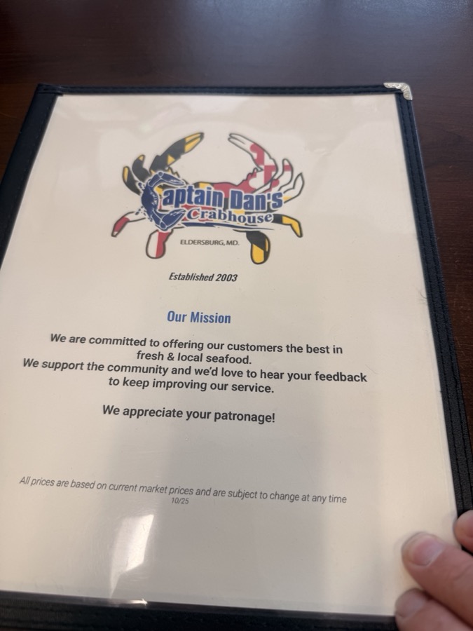 Captain Dan's Crabhouse menu, page 1 of 4, photographed 2026-09-29