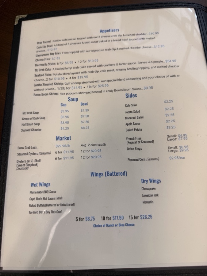 Captain Dan's Crabhouse menu, page 2 of 4, photographed 2026-09-29