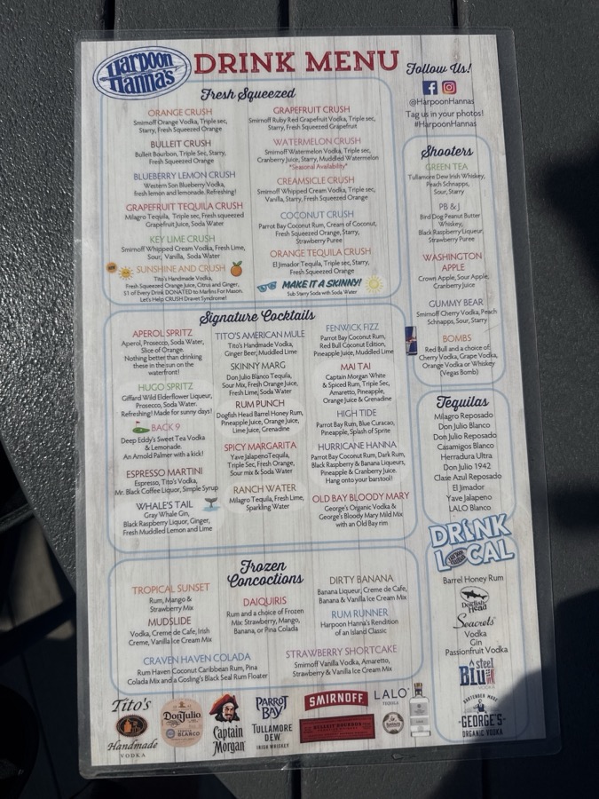 Harpoon Hanna's menu, page 3 of 4, photographed 2026-09-20